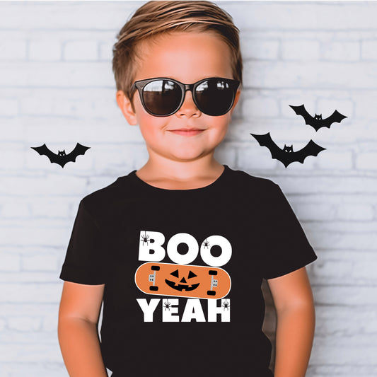 Boo Yeah Toddler/Youth Skateboarding Pumpkin T-Shirt, Cool Halloween Shirt for Kids, Toddler Skateboarding Halloween T-Shirt