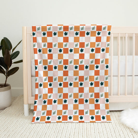Autumn Leaf Neutral Checkerboard Minky Blanket, Fall Checkers Toddler Blanket, Autumn Plush Minky Baby Blanket, Cute Housewarming Gift Idea