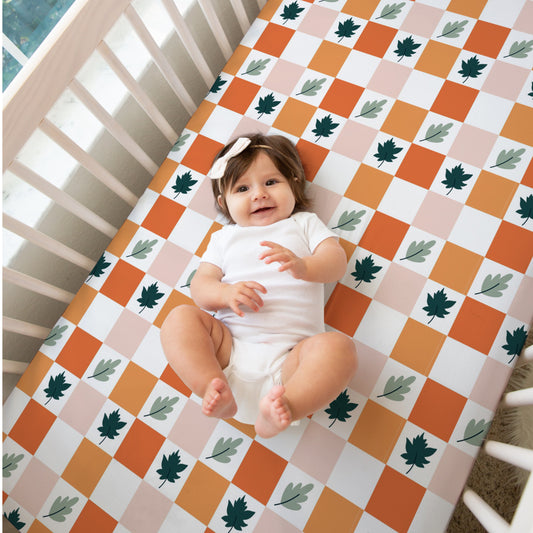 Autumn Leaf Checkerboard Crib Sheet, Fall Checkered Crib Sheet, Fall Nursery Decor, Cute Nursery Bedding, Checkerboard Baby Bedding