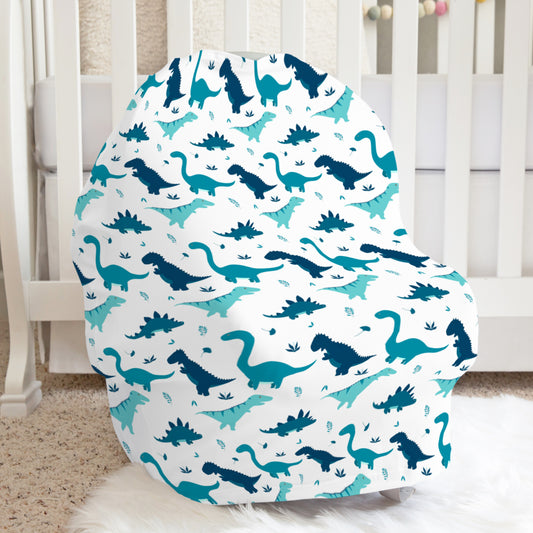 Blue Dinos Baby Car Seat Cover, Gender Neutral Nursing Cover, Baby High Chair Cover, Multifunctional Cover For Baby And Mom