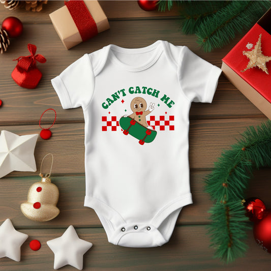 Can't Catch Me Gingerbread Christmas Baby Onesie®, Funny Christmas Baby Bodysuit, Skateboarding Gingerbread Christmas Baby Onesie®