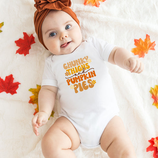 Chunky Thighs and Pumpkin Pies Thanksgiving Baby Onesie®, Groovy Thanksgiving Baby Bodysuit, Retro Thanksgiving Onesie®