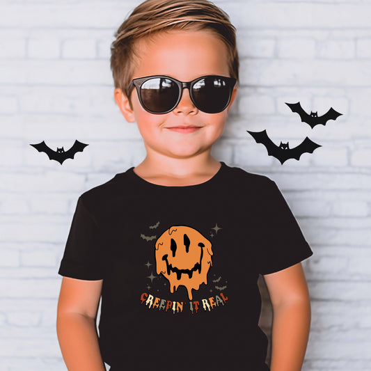 Creepin it Real Halloween Toddler/Youth T-Shirt, Retro Halloween Toddler/Youth Tee, Creepin it Real Drippy Smiley Face Toddler/Youth Shirt