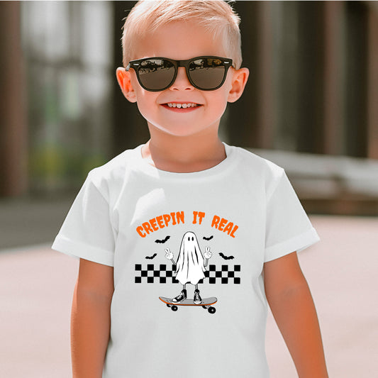 Creepin it Real Toddler/Youth Skateboarding Ghost T-Shirt, Checkerboard Halloween Shirt for Kids, Toddler Creepin it Real Halloween T-Shirt