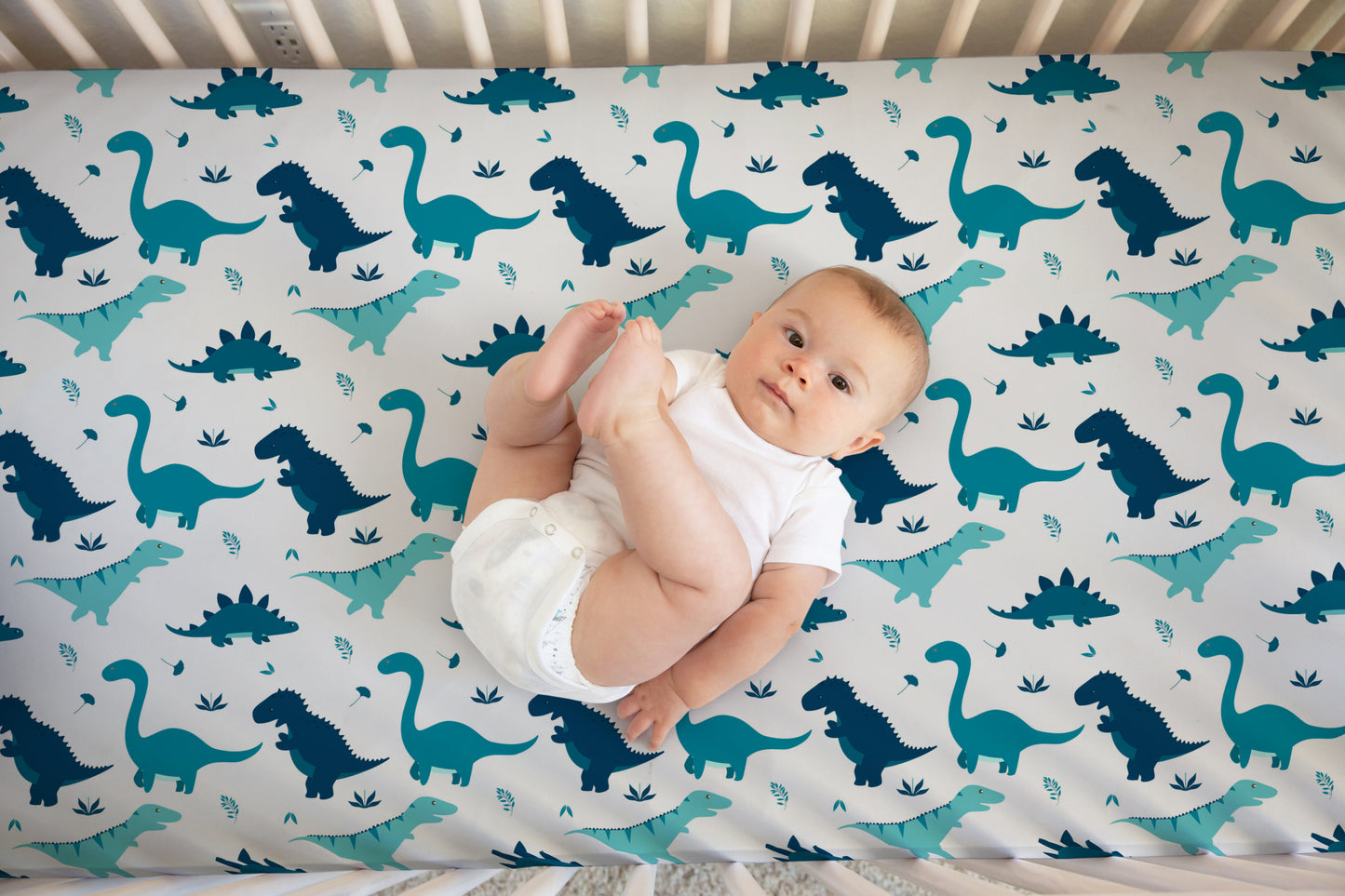 Blue Dinos Baby Crib Sheet, Blue Dinosaur Crib Sheet, Dinosaur Nursery Decor, Cute Nursery Bedding, Unisex Baby Bedding