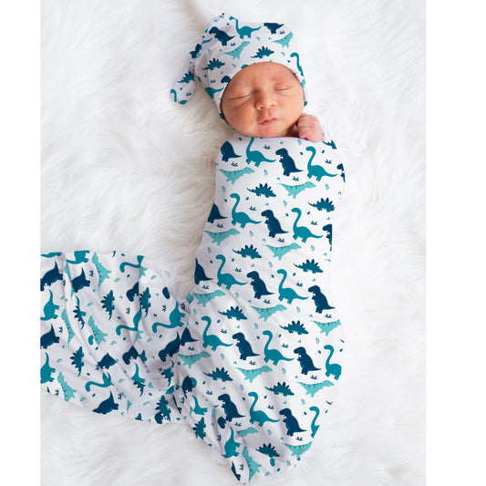 Blue Dinos Baby Swaddle Blanket Headband or Hat, Blue Dinosaurs Swaddle Set, Dinosaur Newborn Coming Home Outfit