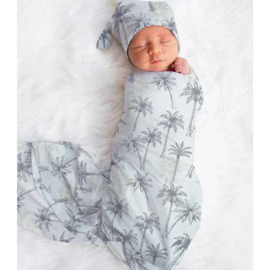 Tropical Palms Baby Swaddle Blanket Headband or Hat, Palm Tree Swaddle Set, Palm Tree Newborn Coming Home Outfit