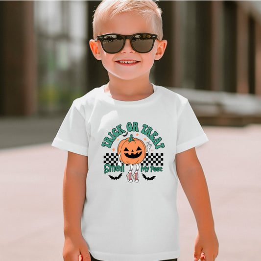 Trick-or-Treat Smell My Feet Toddler/Youth T-Shirt, Checkerboard Halloween Shirt for Kids, Toddler Halloween T-Shirt