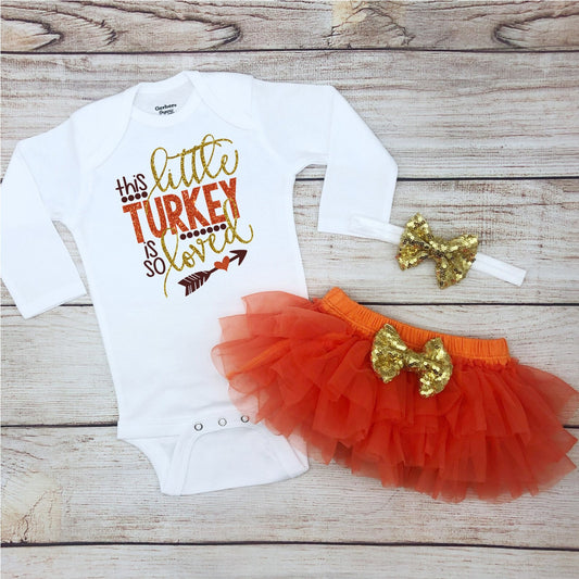 This Little Turkey is so Loved Baby Girl Newborn Outfit, 1st Thanksgiving Baby Girl Clothes, First Thanksgiving Baby Girl Infant Onesie®